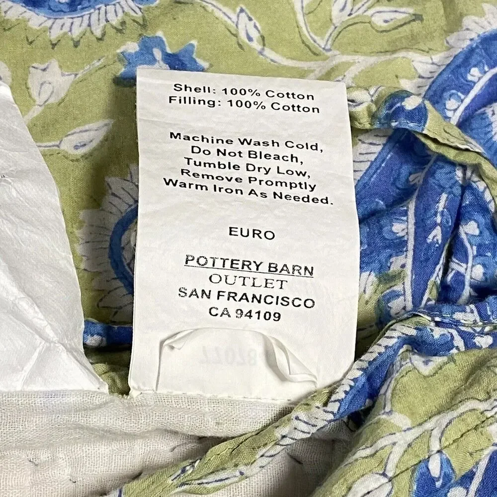 Pottery Barn Outlet Pillow Shams Euro Blue Green Floral Paisley Quilted Covers